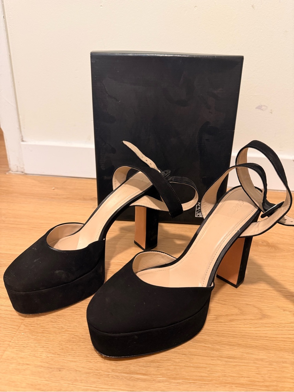 Saks Fifth Avenue Black Suede Platform Slingback Heels